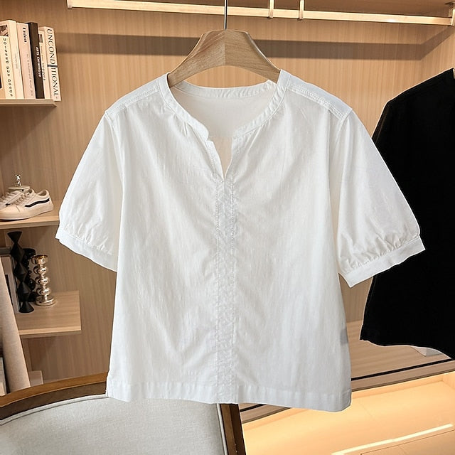 Women's Cotton Linen Shirts Blouse Ruched Patchwork Plain