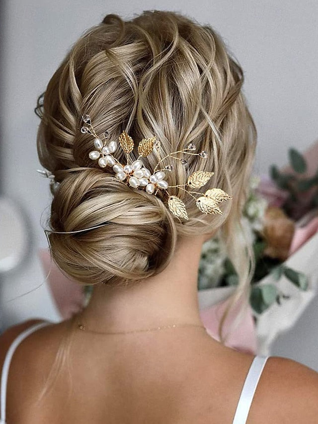 Set Pearls Hair with and Silver Leaf Faux Bridal Gold Accessory