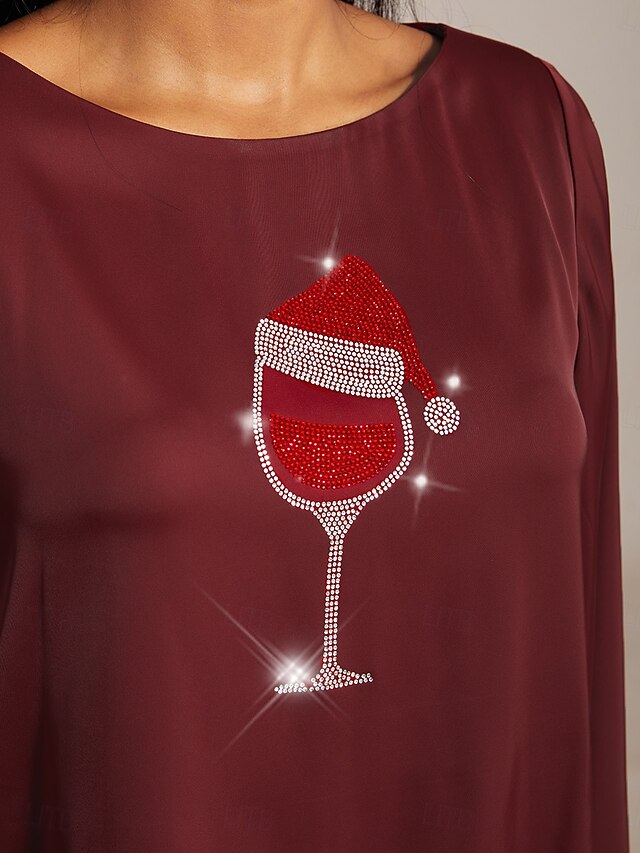 Christmas Women's Satin Shirt Blouse Rhinestone Wine Glass