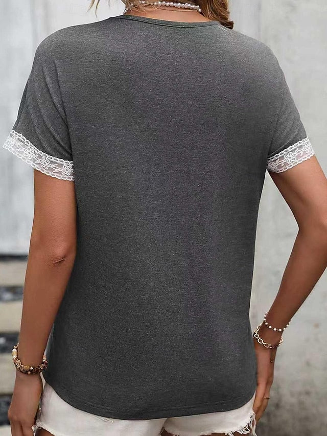 Women's T Shirt Lace Splicing Top Pleats Lace Trim Splicing