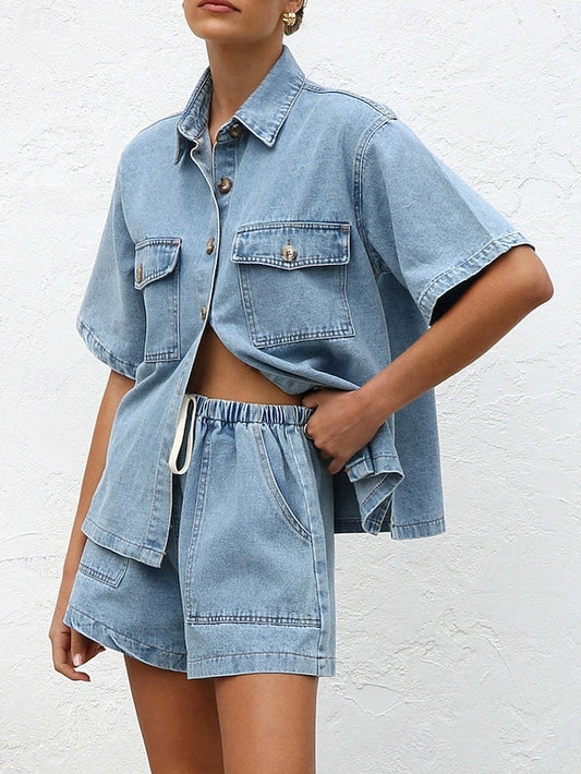 Women's Shorts Sets Bolero Top Short Sleeve Shirt Collar