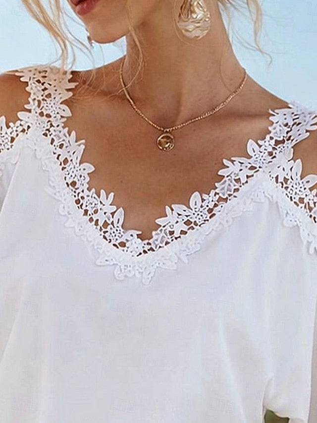 Women's Blouse Lace Solid Color Stylish Casual Short Sleeve