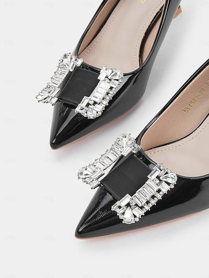 with Crystal Leather Patent Black Pumps Women's Embellished