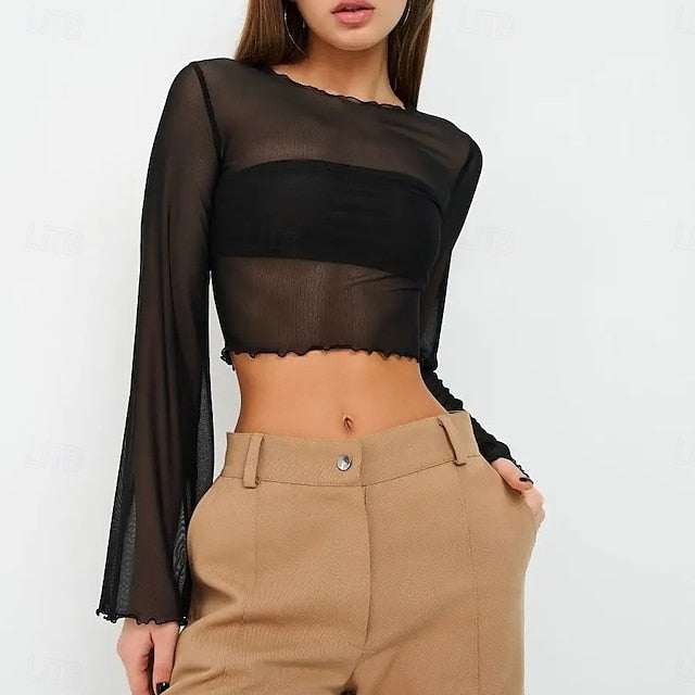 Retro Vintage 1970s Groovy Crop Top Bell Sleeve Disco Mesh Round