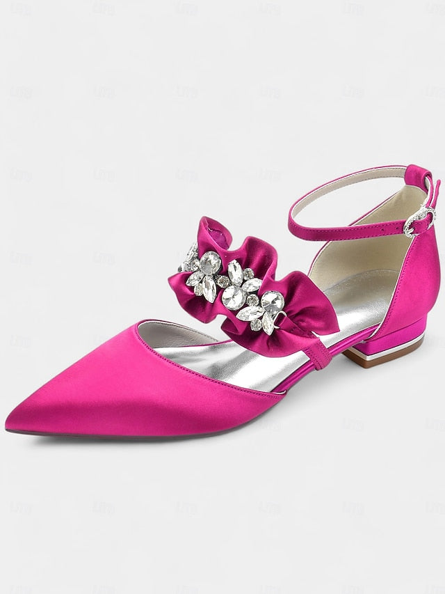 with Rhinestone Flats Women's Satin Black Pointed-Toe
