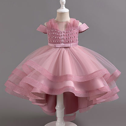 Wedding Solid Short Dress Kids Color Sleeve Girls' Party