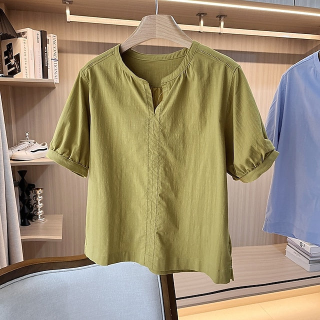 Women's Cotton Linen Shirts Blouse Ruched Patchwork Plain