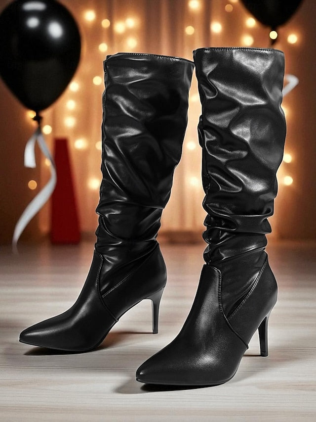 Faux Toe High Brown Boots Knee - Women's Pointed Leather