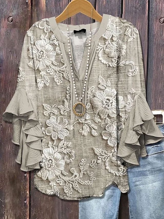 Women's Retro Blouse Layered Ruffle Sleeve Tops 3D Print