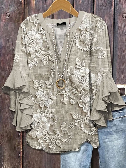 Women's Retro Blouse Layered Ruffle Sleeve Tops 3D Print