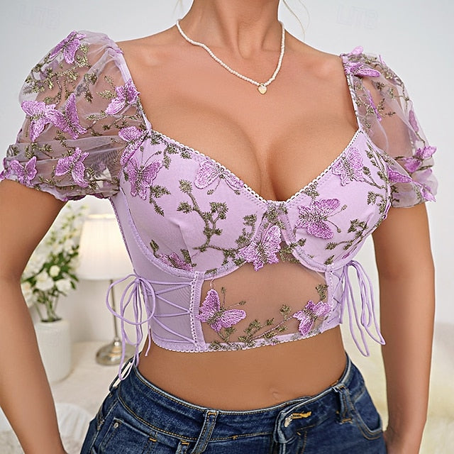 Slim Fit Corset Crop Top Bustier Embroidered Butterfly Fancy