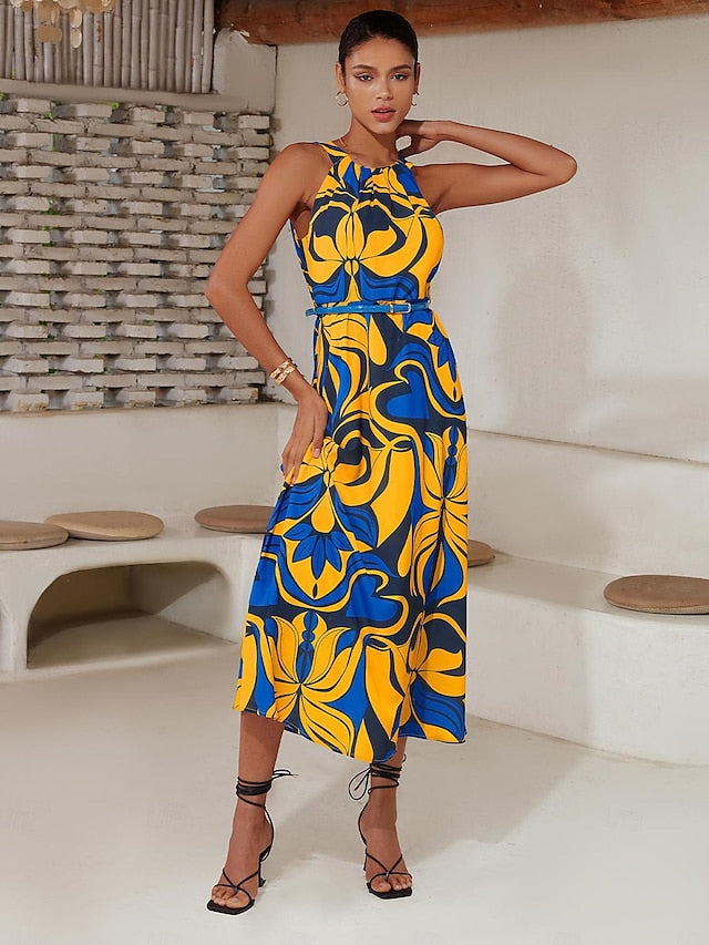 Satin Leaves Sleeveless Maxi Dress (No Belt)
