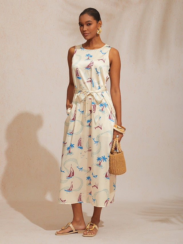 Vacation Ocean Elements Straight Satin Maxi Dress