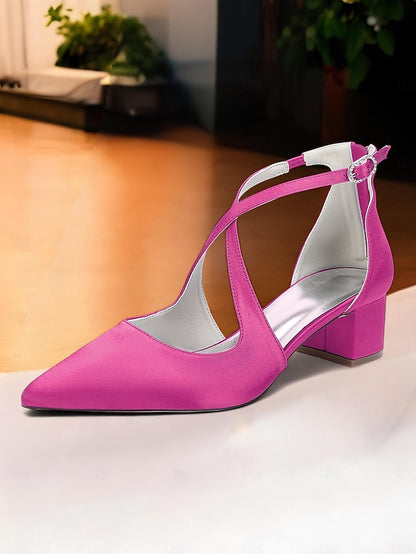 - Block Heels Women's Elegant Toe Pointed Ivory Satin