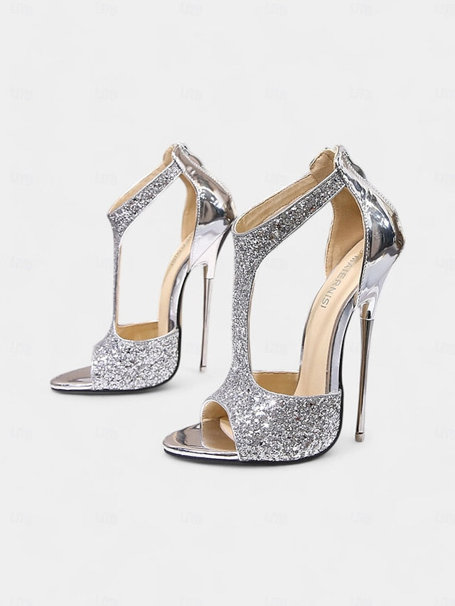 Toe Design with Heels T-Strap Stiletto and Glitter for Open Gold