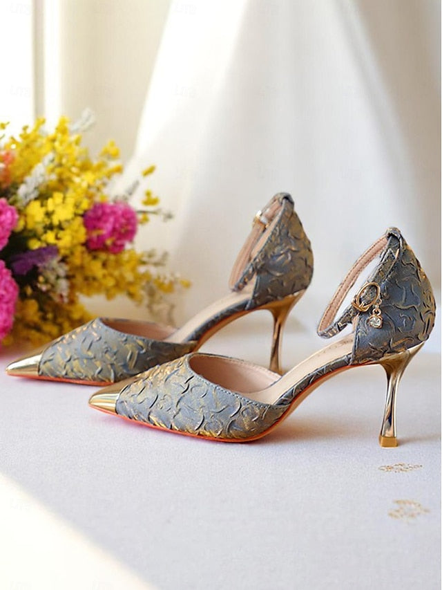 Satin and Accents Women's Beige Heels Toe Gold with Pointed