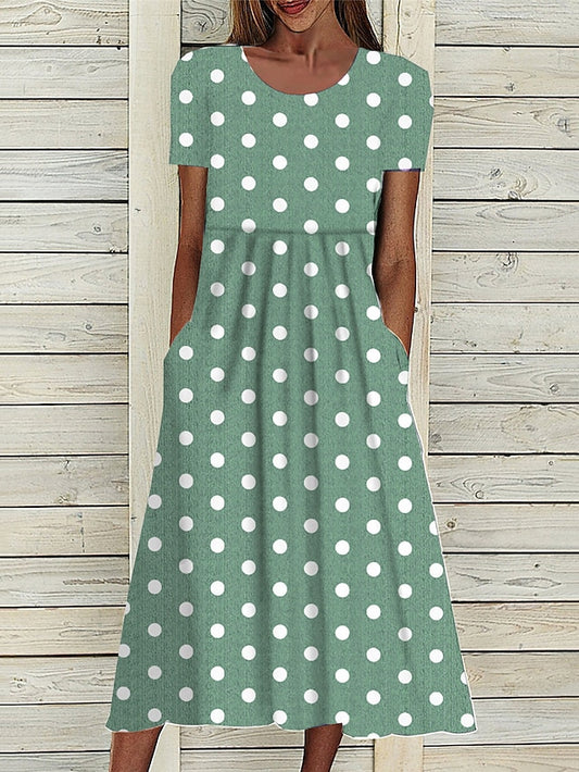 Women's Midi Dress Floral Polka Dot Pocket Print Crew Neck