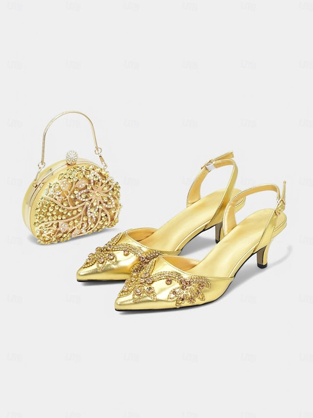 Embellished with Heels Slingback – Matching Gold Handbag