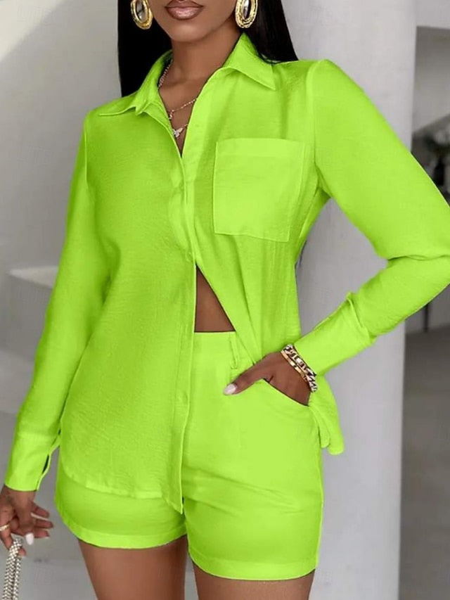 Women's Shorts Sets Bolero Top Long Sleeve Shirt Collar