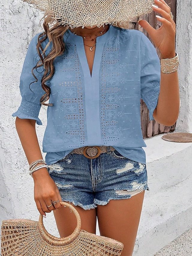 Women's Blouse Hollow Out Plain Elegant Stylish Casual Half