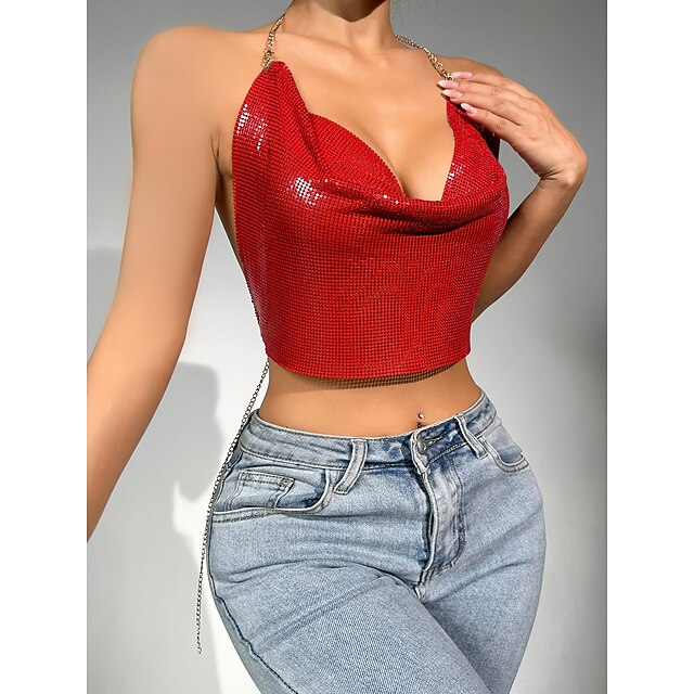 Metallic Chain Camisole Top Sparkle Crop Backless Body Tank