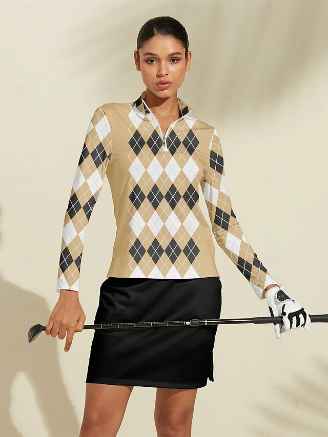 Women's Golf Polo Shirt Khaki Long Sleeve Top Ladies Golf