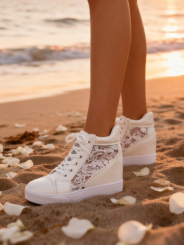 Women's White Lace High-Top Bridal Sneakers with Hidden