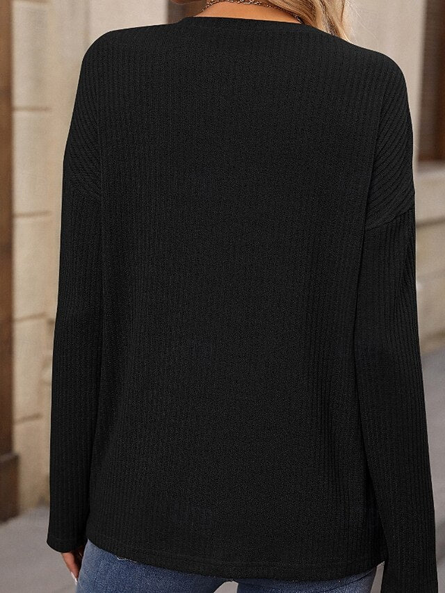 Women's T Shirt Buttons Plain Casual Long Sleeve Crew Neck