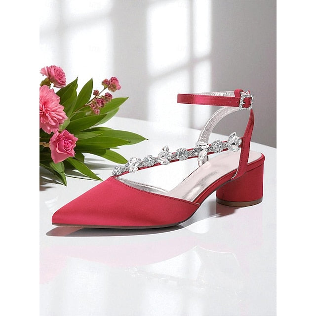 Block Pumps Heel Purple with Satin Rhinestone Women's