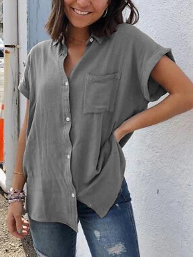 Women's Linen Blend Button Up Long Cotton Top White Cotton