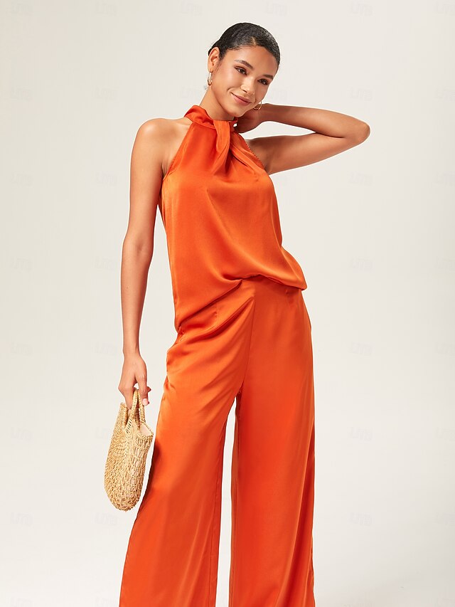 Orange Stand Collar Wide Leg Pants Set