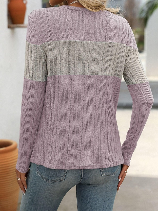 Women's Sweater Stylish Color Block Ribbed Crew Neck Print