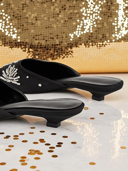 with Pointed Women's Satin Toe Rhinestone Black Mules