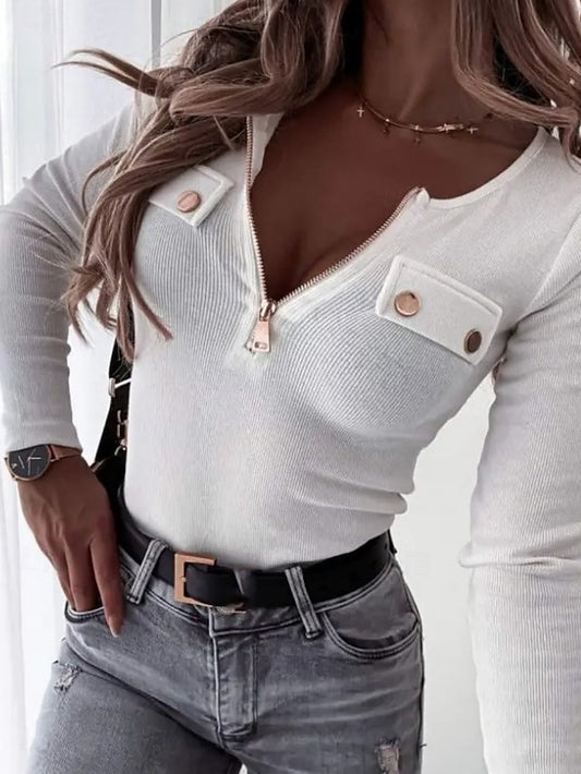 Women's Blouse Zipper Buttons Solid Color Stylish Casual