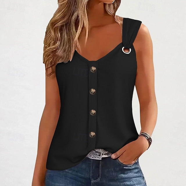 Women's T Shirt Buttons Plain Classic Casual Sleeveless V