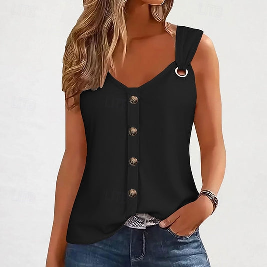 Women's T Shirt Buttons Plain Classic Casual Sleeveless V
