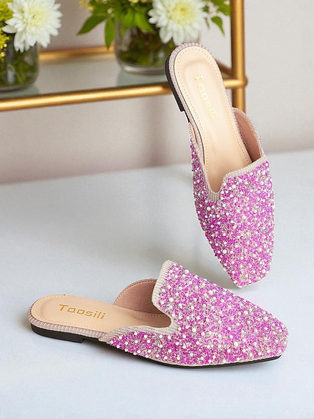 - Women's Pearl and Pink Rhinestone Mules Embellished