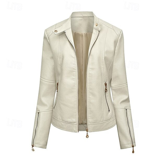 Comfortable Zipper Faux Women's Leather Jacket Pocket