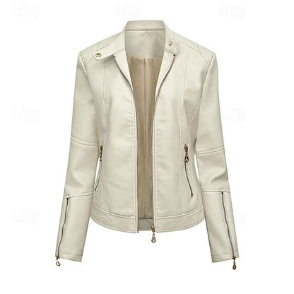 Comfortable Zipper Faux Women's Leather Jacket Pocket