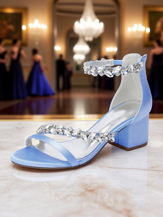 Satin Heel Block Sandals - Purple Women's Crystal
