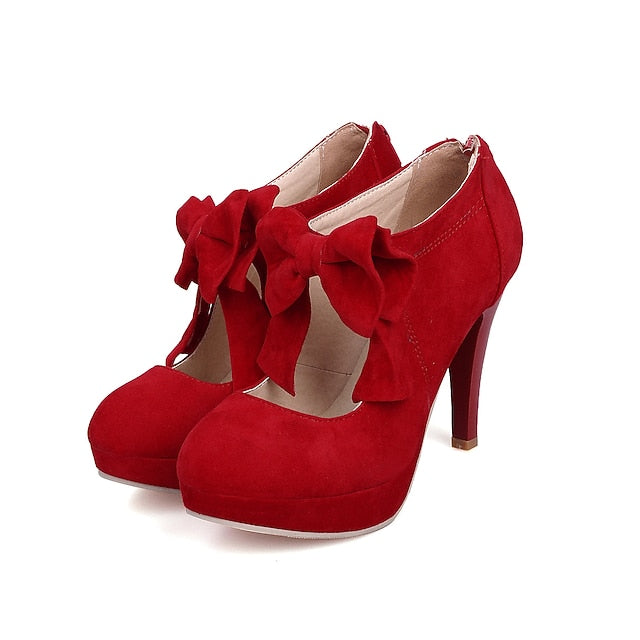 Vintage Heel Pumps Suede Women's High Bow Red Platform –