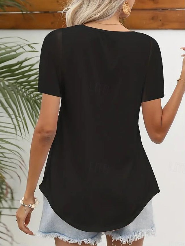 Women's Scalloped Neckline T-shirt Short Sleeve Solid Color