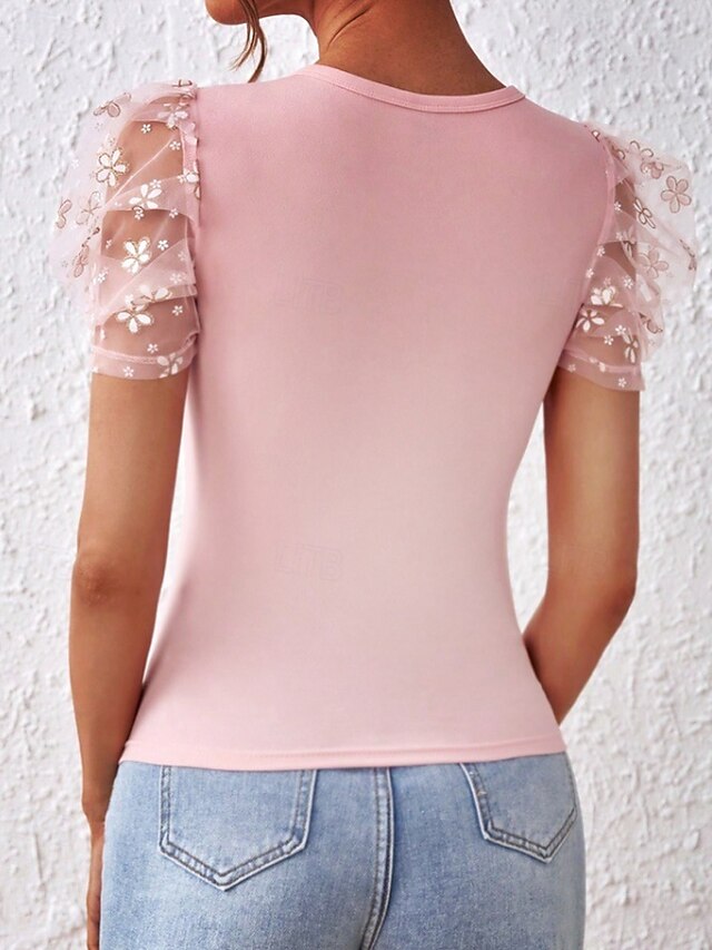Tee Plain Women's Top T Mesh Shirt Patchwork Vintage
