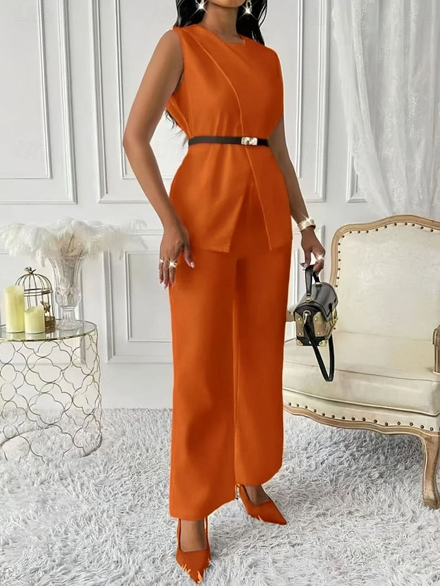 Women's Pants Sets Bolero Sleeveless Round Neck Solid Color