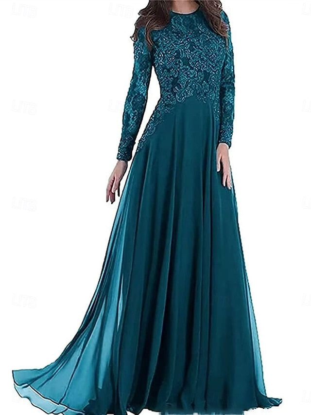 Neck Dress Crew A-Line of Floor Mother Party the Elegant Bride