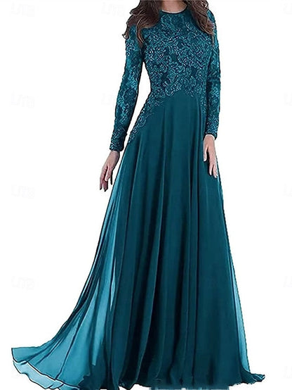 Neck Dress Crew A-Line of Floor Mother Party the Elegant Bride