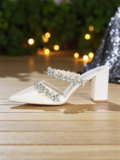 Black Satin Women's Rhinestone Mules Floral with Block Heel