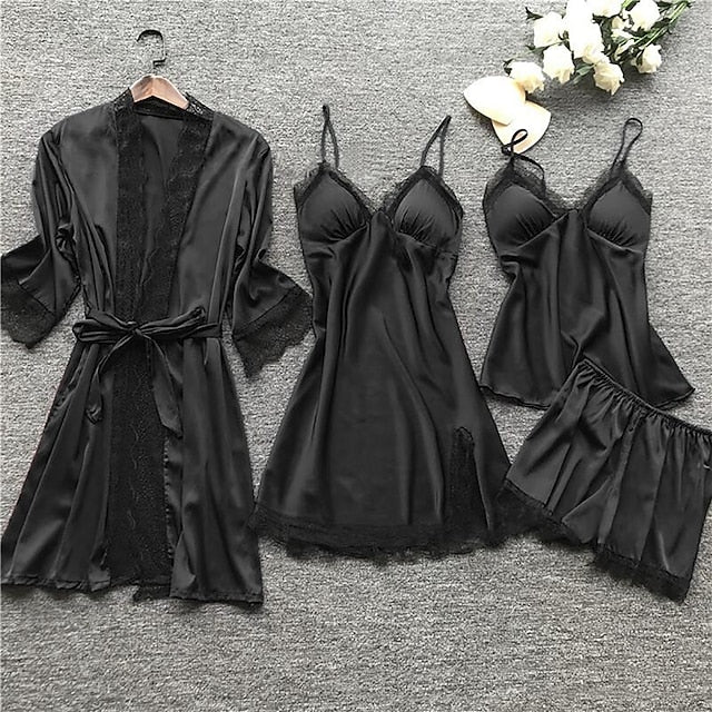 Women's Lace Satin Silk Pajamas Sets 4 Pcs Home Party Daily