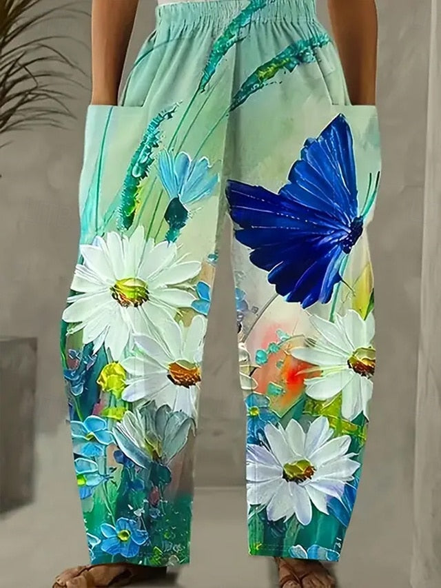 Women's Linen Like Wide Leg Chinos Vacation Vintage Ethnic
