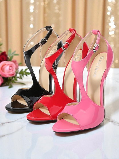 Women's Heels - Leather Strappy Open Red Stiletto Patent
